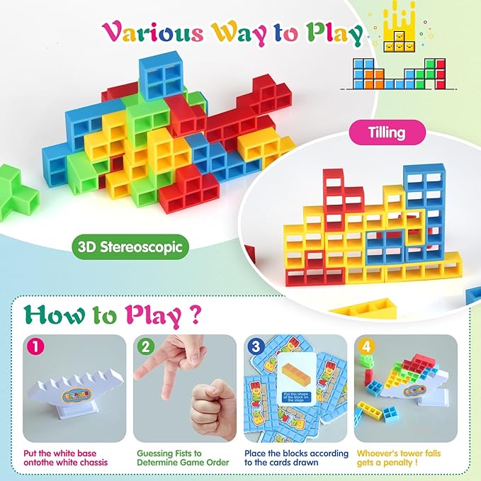48 Pcs Tetra Tower Game,Family Board for 2 Players Family Games, Building Blocks Stacking Balance Games Toys for Kids, Adults, Friends, Classroom, Family and Travel Party