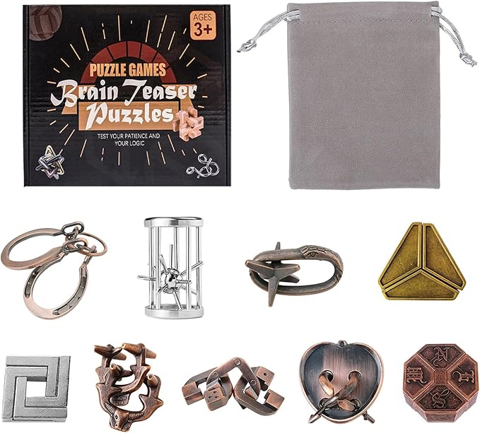 VolksRose 9pcs Brain Teaser Puzzles, Metal Wire Puzzles Set, Mind Smart Game IQ Challenge Puzzle Games, Educational IQ Test Unlock Interlocking Toy Lock Puzzles Gift for Adults Teenagers