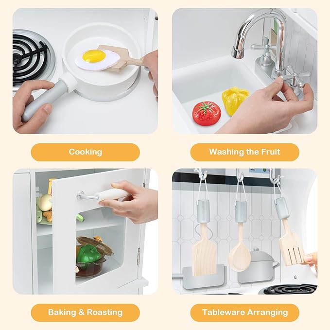 Costzon Kids Kitchen Playset, Wooden Toddlers Toy Kitchen with Light & Sound, Microwave, Ice Maker, Oven, Sink & Faucet, Cooking Accessories, Pretend Play Kitchen, Gift for Boys Girls Age 3+