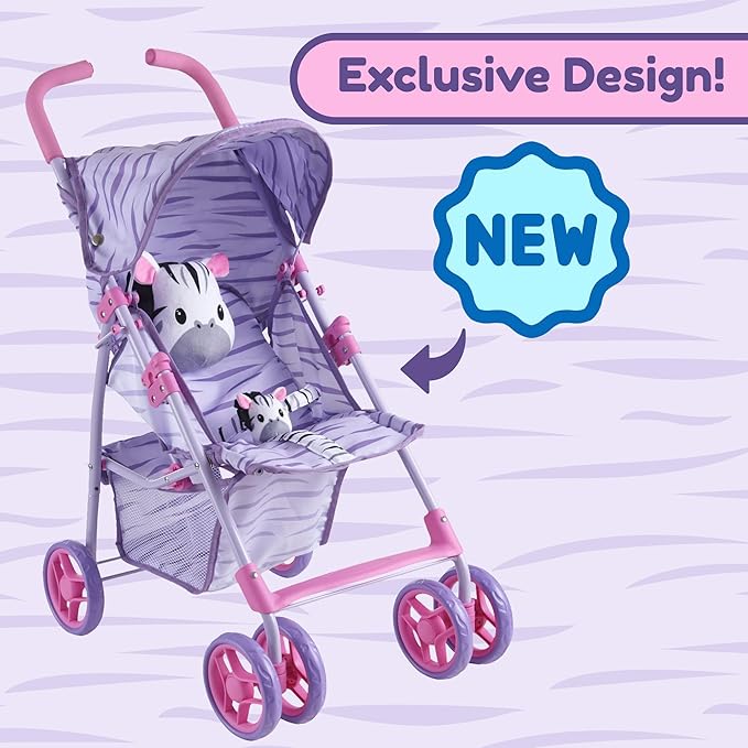 Baby Doll Stroller for Toddlers 1-3, Pillow Animal Toy Baby Stoller for Dolls, Pink & Purple Folding Baby Toy Stroller for Dolls, Foldable Stroller for Girls, for Kids (Zebra)