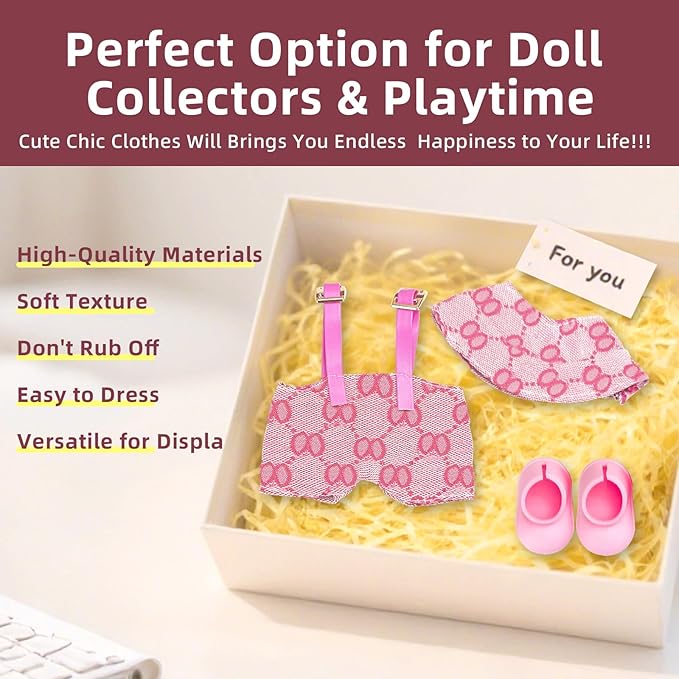 17cm Doll Clothes Set-Adorable Outfits for Dolls-Stylish Accessaries Clothes Dress-Up-Replaceable Clothing Collections, Includes—Chic Hat + Jumpsuit + Shoes (Style D)