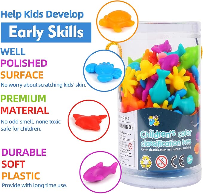 LOKIPA Counting Ocean Animal Toys, Color Sorting Set Ocean Animal Matching Game with Rainbow Sorting Cups Learning Activities Educational Sensory Toys for Toddlers Kids Ages 3 Years and Up