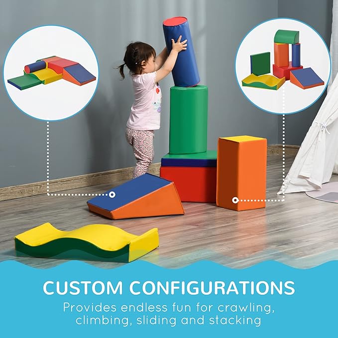Soozier 7 Piece PU Leather Soft Play Climbing for Toddlers, Baby Colorful Soft Play Gym Toys Indoor, Modular Crawling & Climbing Play Set for 1-3 Years Multi-Color