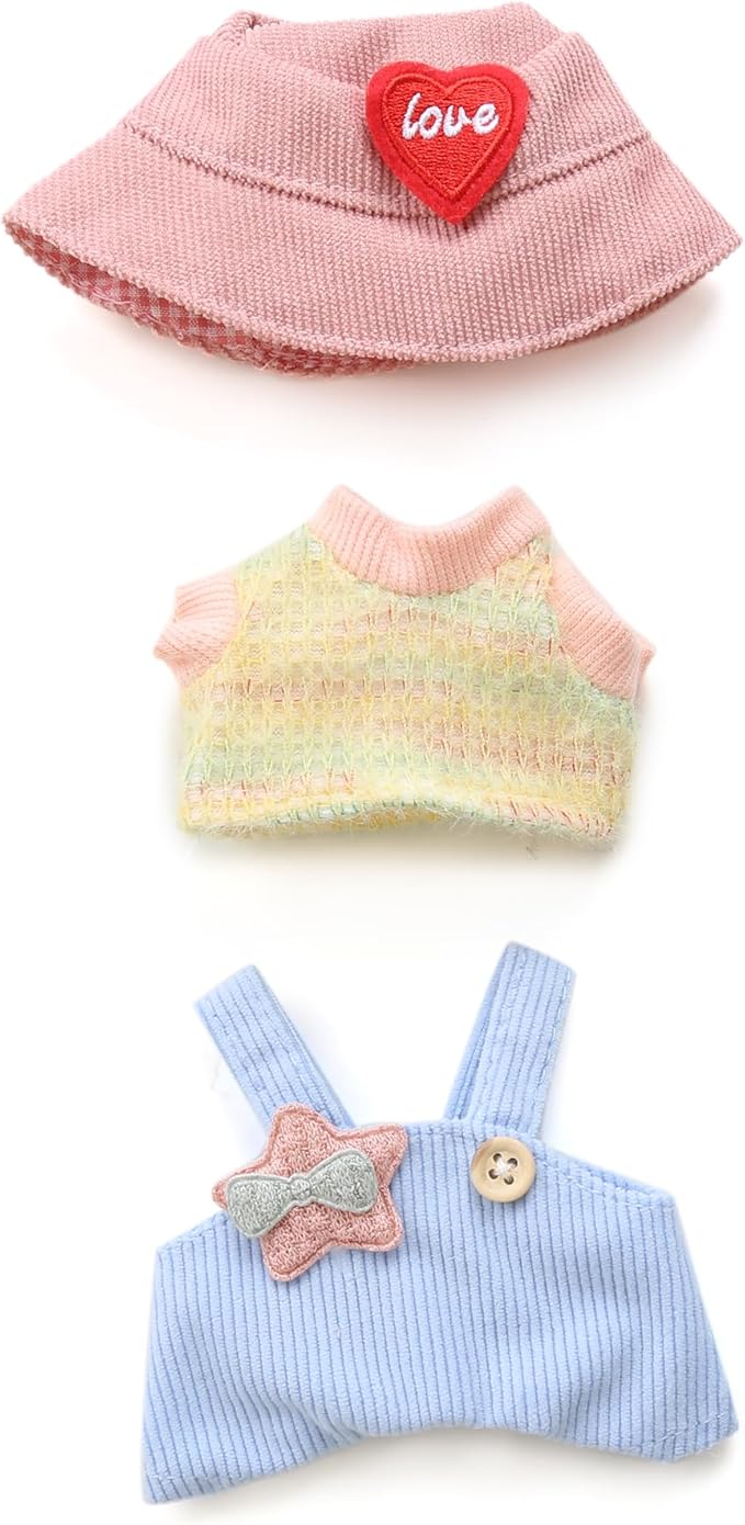 17cm Doll Clothes for Labubu - Kawaii Chic Style Set for 17cm Dolls, Cute Doll Outfit with Accessories - Colorful T-Shirt + Star Light Blue Romper + Heart Shaped Pink Hat (Clothes Only)