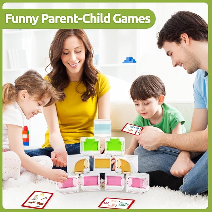 24 PCS Stacking Blocks - 1.6 Inch Transparent Puzzle Building Cubes with Learning Cards, Pipe Tube Inside for Marble Run, Educational STEM Toy for Kids Ages 3+, Sensory Gifts for Boys Girls
