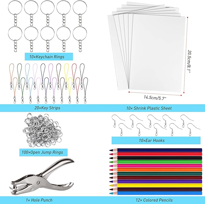 ASTARON 168Pcs Shrinking Plastic Sheets Kit Includes 15 Shrinking Film Art Paper, Hole Punch, 12 Colored Pencils and 140 Pcs Shrinkles Keychain Jewelry Making Accessories for Kids Craft Supplies