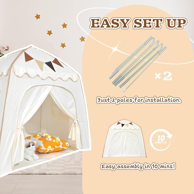 Toddler Bed Tent, Kids Play Tent with Flags, Star String, Portable Bed Canopy for Boys & Girls, Children, Indoor Outdoor Dome Playhouse, Cream, 51" x 39" x 51"