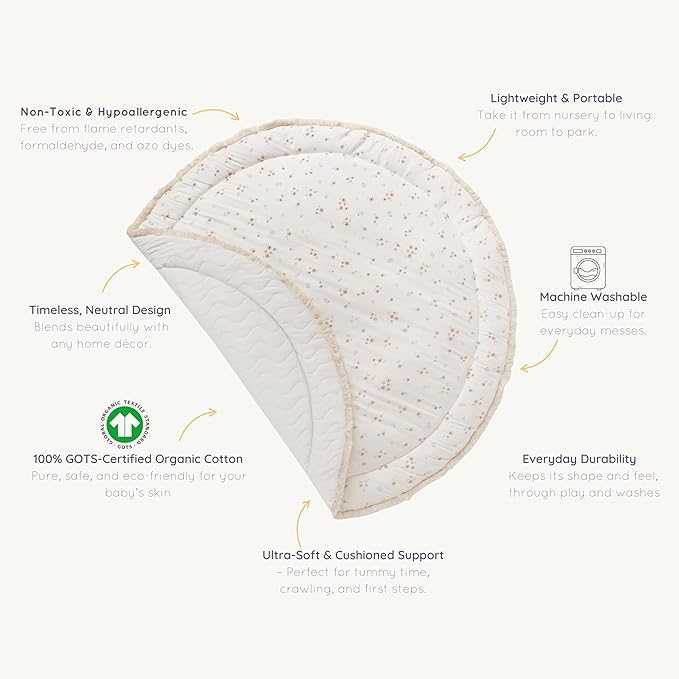MakeMake Organics Organic Play Mat GOTS Certified Organic Cotton Nursery Floor Rug Washable Reversible Non Toxic Activity Mat Tummy Time Crawling Pad Thick Quilted (Round 48", Bloom + Solid Oat)