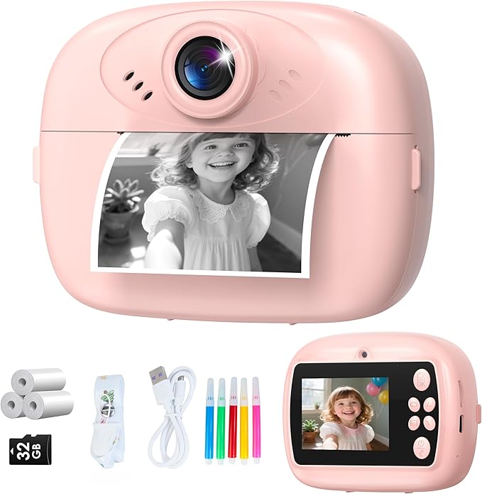 Kids Instant Print Camera,1080P Video Instant Digital Camera for Kids, Christmas Birthday Gift for Girls and Boys Age 3 4 5 6 7 8 9 10, Toy Camera with 32GB SD Card,Christmas Stocking Stuffers, Pink