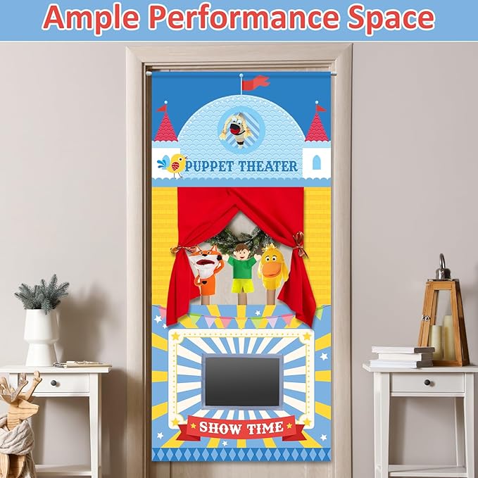gisgfim Doorway Puppet Theater with 2 Adjustable Rods 31x67 In Blue Red Foldable Hanging Puppet Show Theater for Kids Pretend Play Hand Puppets Educational Kids Activities Toys Easy to Set Up Put Away