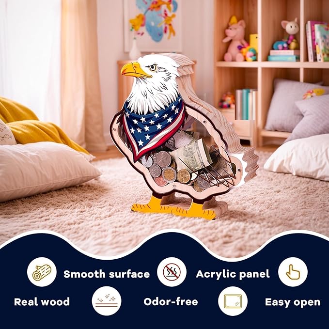 Wooden Eagle Piggy Banks for Kids Money Coin Bank, Cute Unbreakable Piggy Bank DIY Personalized Kids Safe Money Box with Stickers, Toddler Birthday Baptism Gifts for Girls Boys Eagle Lovers