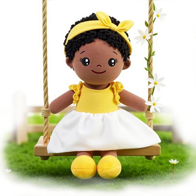 OUOZZZ 12" Soft Black Baby Doll Toys for 1 + Year Old Girl Gifts, African American Baby Dolls Birthday Gifts for 1 Year Old Girl Christmas Plush Toys Gift for Toddler Kids Yellow Bow-tie