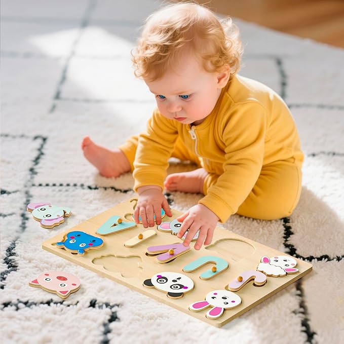 Personalized Name Puzzle for Toddlers - Custom Wooden Jigsaw Puzzles with Animals, Montessori Learning Toys, Baby Birthday Gift for 1, 2, 3 Year Old Boy or Girl (Name Puzzle-03)