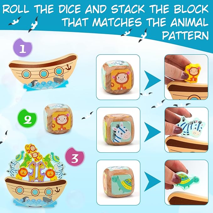 Board Games for Kids & Adults, Noah's Ark Wooden Balance Stacking Toys, Team Building Blocks STEM Toy, Fine Motor Stacking Balance Game, Baptism Easter Birthday Gift for Boys Girls