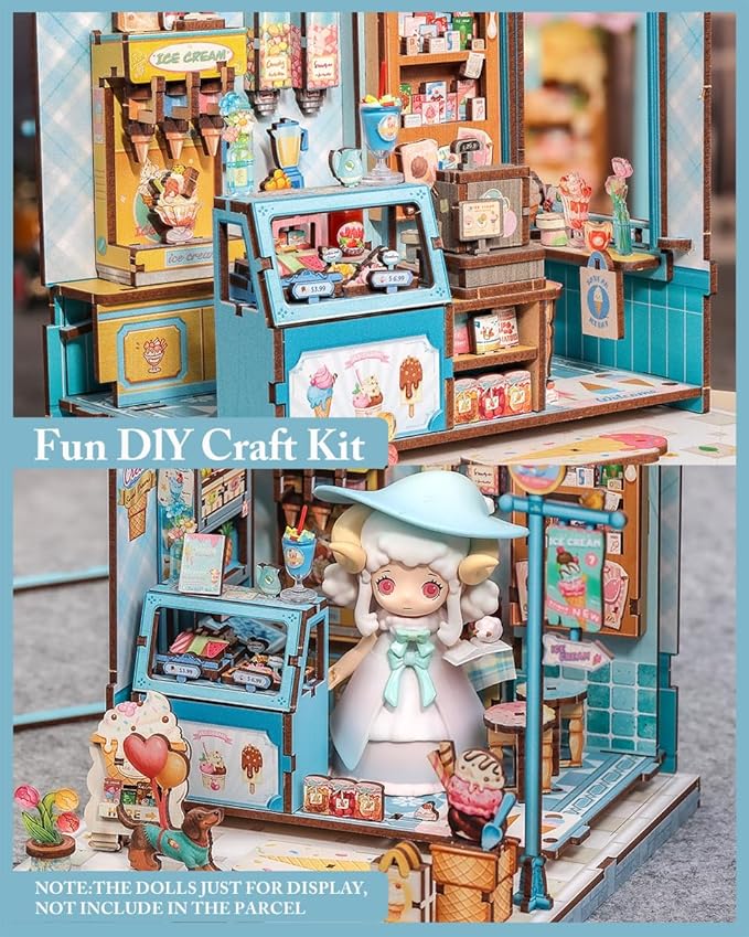 Cutefun Book Nook Kit - DIY Miniature Dollhouse Kit for Adults and Teens, Ice Cream Shop Mini House Building Kit with LED Bookshelf Insert Decor Creative Gifts (Bella's Ice Cream)