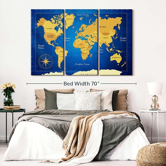 ElephantStock Yellow Longitude World Map Multi Piece Canvas - 3 Panel Wall Decor - Map of the World Art - Canvas for the Office and Home - 65" X 42"