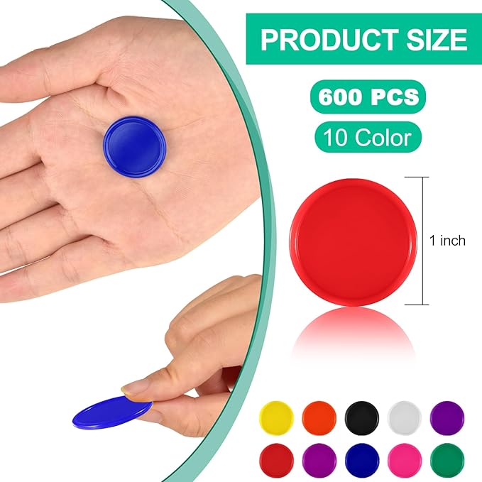 Coopay 600 Pieces 1 Inch Bingo Chips Bulk, 10 Colors Bingo Markers for Math Practice, Plastic Learning Counters Disks Counting Discs, Poker Chips Game Tokens Kids Reward (Style 2)