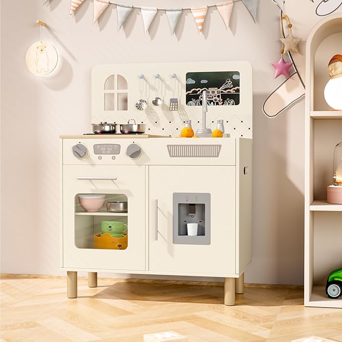 MAMIZO Wooden Kids Play Kitchen Set with Real Lights & Sounds, Interactive Pretend Kitchen with Knob Sounds, Sink, Water Dispenser, 6 Pcs Cookware & Chalkboard Panel for Toddlers and Children (Cream)