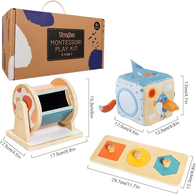 Montessori Toys for Babies 6-12 Months - 3 in 1 Baby Toys Play Kit - Medium Spinning Drum - Baby Tissue Box Toy - Peekaboo Knob Puzzle with Cards - Learning Educational Toy for Boys and Girls