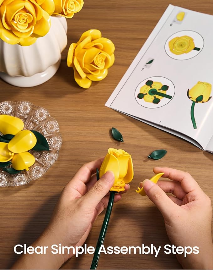 iATOM Yellow Rose Bouquet Building Set, Artificial Flowers Botanical Collection Kit for Adults, Warmming Home Office Table Centerpiece Decor - IA11019