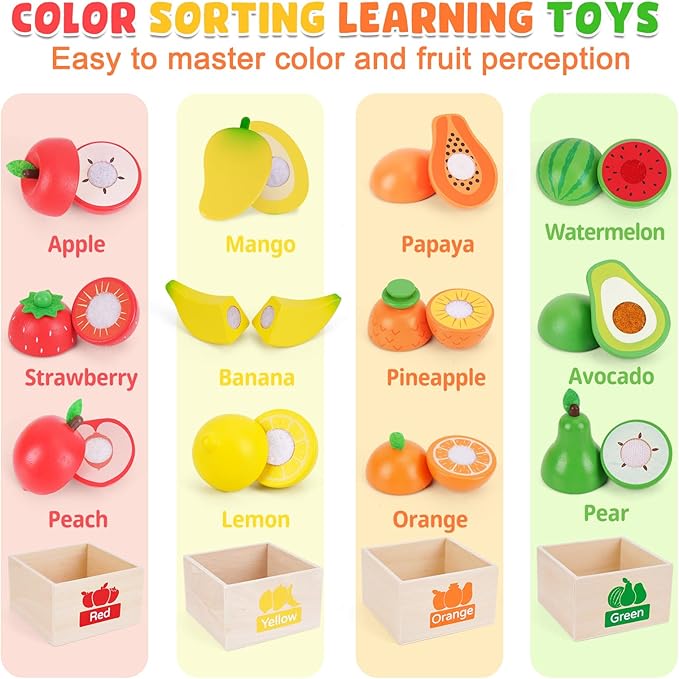 ATOYUS Wooden Play Food Set Toys for Toddlers 1-3, Kids Toy Play Kitchen Accessories, Cutting Fruits Pretend Food with Storage Boxes, Christmas Birthday Gifts for 1 2 3 Year Old Baby Boys Girls