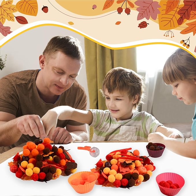 212Pcs Fall Sensory Bin Filler Fine Motor Toys Thanksgiving Sensory Bin Items Counting Sorting Toy 100 Pompoms 60 Felt Leaves 16 Acorns 16 Corns 6 Foam Pumkins for Preschool Education Activities