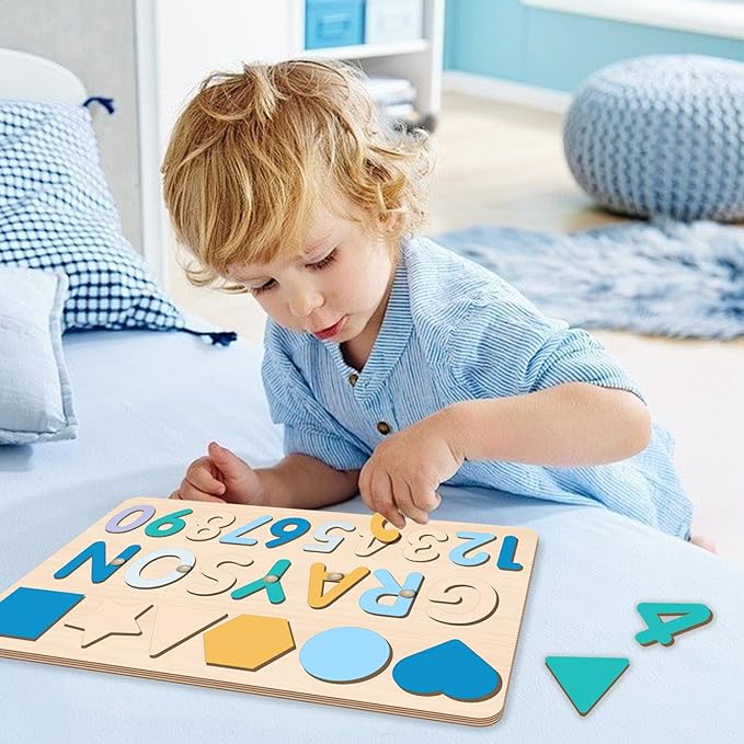 Personalized Name Puzzle with Numbers and Shapes, Custom Wooden Puzzles for Toddlers 1-3, Montessori Toys for 1st Birthday Girls & Boys, Personalized Baby Easter Gifts