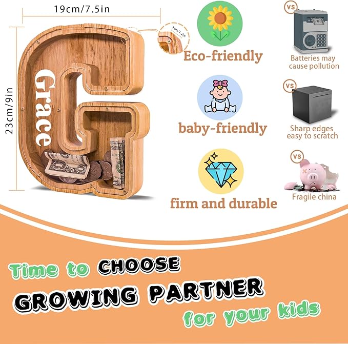 Wooden Letter Piggy Bank for Kids Larger Letter Piggy Bank for Boys and Girls Personalized Piggy Bank Initial Coin Bank Wood Kids Money Bank for Birthday and Festival