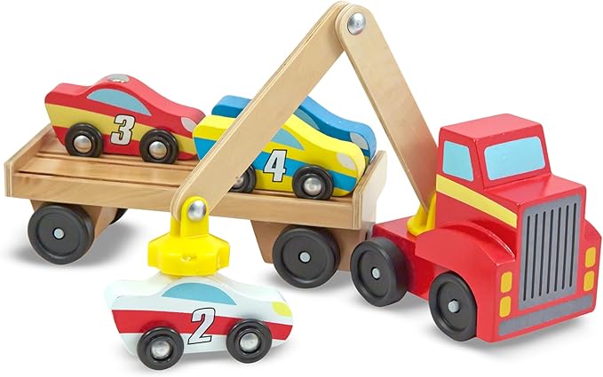Melissa & Doug Magnetic Car Loader Wooden Toy Set with 4 Cars and 1 Semi-Trailer Truck Crane Wooden Toy, Vehicle Toys for Kids Ages 3+