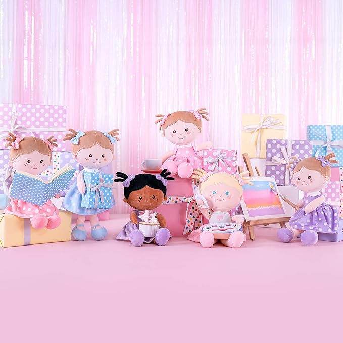 Onetoo Plush Rag Doll First Baby Doll Soft Baby Doll Sleeping Cuddle Buddy Doll for Girls Wear Purple Polka Dot Dress 14"（Milly Series）