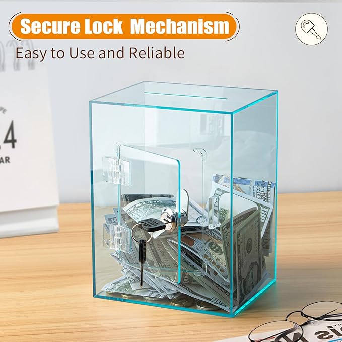 Hicocool Clear Piggy Bank with Lock, Acrylic Piggy Bank for Adults Kids Openable, Reusable Money Saving Box with Key for Birthday (Cyan)