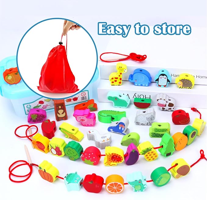 46 PCS Wooden Lacing Beads,Animals Fruits Threading Toys for Toddlers,Preschool Learning Lacing Toys,Montessori Educational Stringing Threading Beads Toys for Kids 3 4 5 6 Year Old Boys Girls