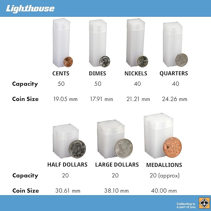 LIGHTHOUSE - Square Coin Tubes - Convenient Push Top, Virtually Unbreakable, Acid Free and Archival Quality - Coin Tubes for US Half Dollars, 10 Pack