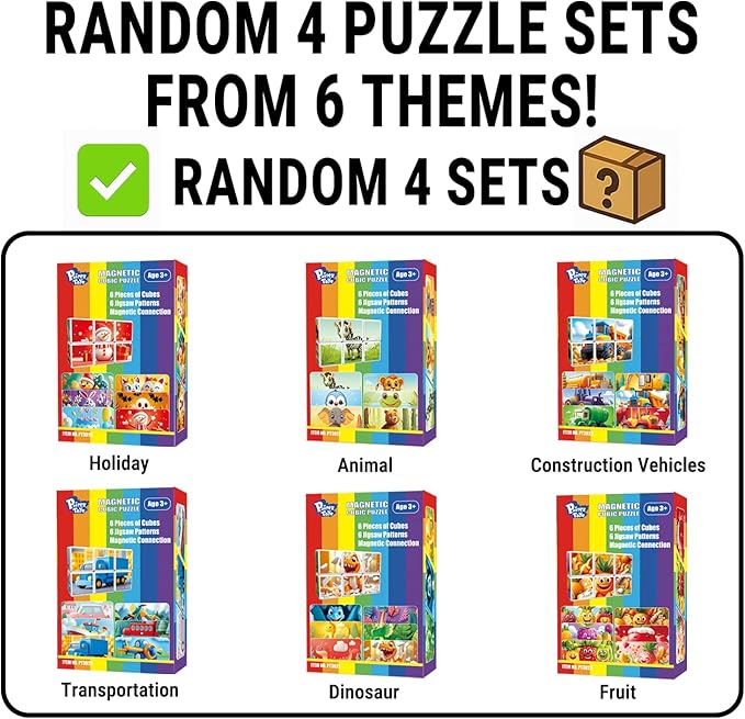 Magnetic Cubes for for Kids, 4 Packs Total 24 PCS & 24 Patterns, Pack of 4 Random Themed Puzzles Bundle, Preschool Educational Brain Teaser Toys for Toddlers