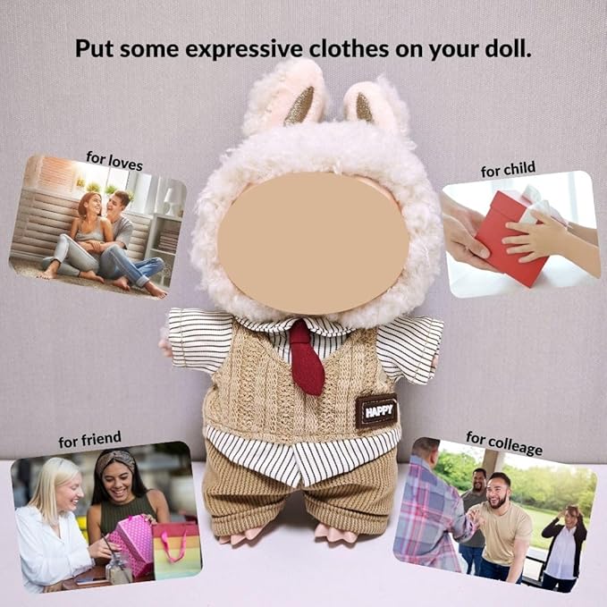 17cm/15cm Doll Clothes,2 Piece British Style Set: Knitted Sweater and Beige Shorts, Preppy Retro Doll Fashion Accessories