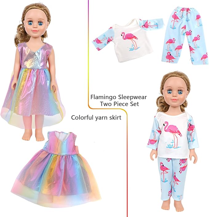 MSYO 10 Sets Doll Clothes for 17 - 18 Inch Dolls, 16 Pcs Fashion Outfits Variety Pack, Floral Dresses, Casual Wear & Pajamas, Girl Doll Dress - Up Set for Play & Gifting