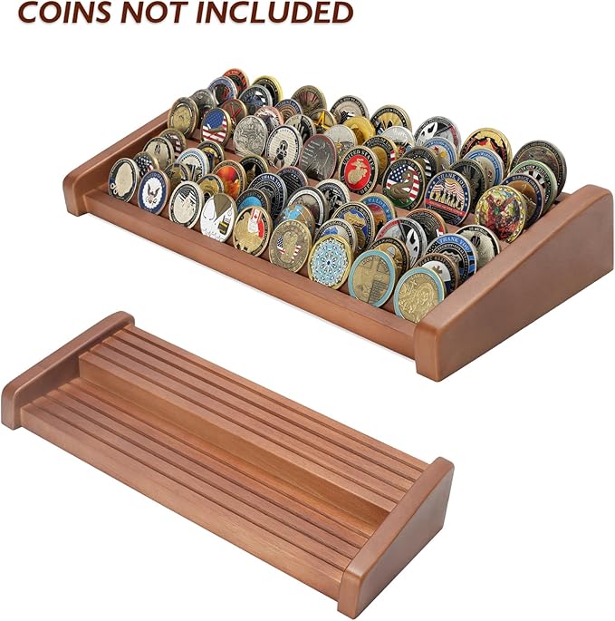 8 Rows Solid Wood Challenge Coin Display Stand - Military Holder for Up to 60-70 Coins - Ideal Rack for Army Navy Marine Corps Law Enforcement Collectors, Walnut Finish