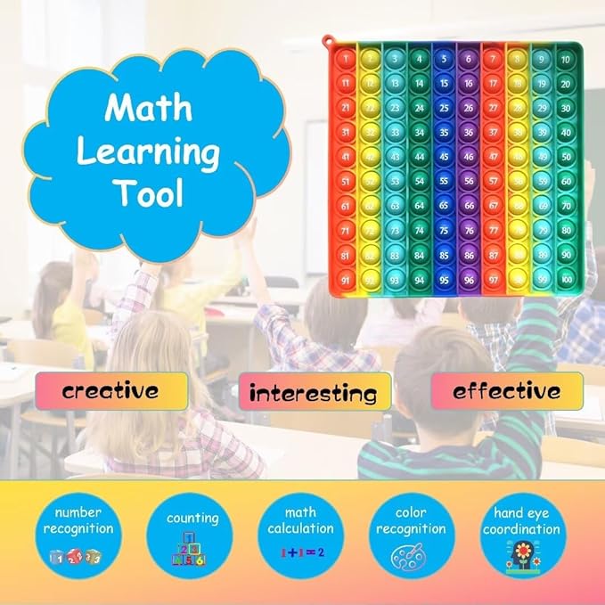Number 1-100 Popper Math Toy, Rainbow Square 100 Bubble Math Manipulative Fidgety Board, Stress Reliving Educational Number Game, Math Counting Supplies Resources for Kids Learning Activity