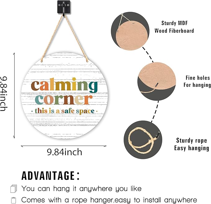 Calming Corner Hanging Wood Sign Plaque - Safe Space, Classroom Decor, School Counselor Office, Calm Down Corner Decorations, Boho Decor, 10x8 (Round, White)
