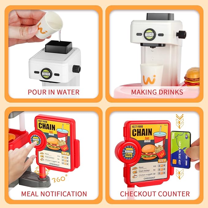 Pretend Play Food Toy for Kids Kitchen with Cash Register, Coffee Maker, 71 Pcs Fast Food Set with Burger, Fries, Ice Cream, Play Money, Educational Birthday Gift for Boys Girls Ages 3-8 (Red)