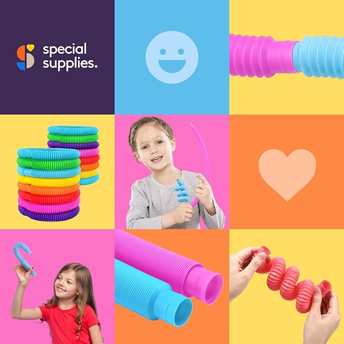 Special Supplies Fun Pull and Stretch Tubes for Kids - Pop, Bend, Build, and Connect Toy, Provide Tactile and Auditory Sensory Play, Colorful, Heavy-Duty Plastic (16-Pack Primary Colors)