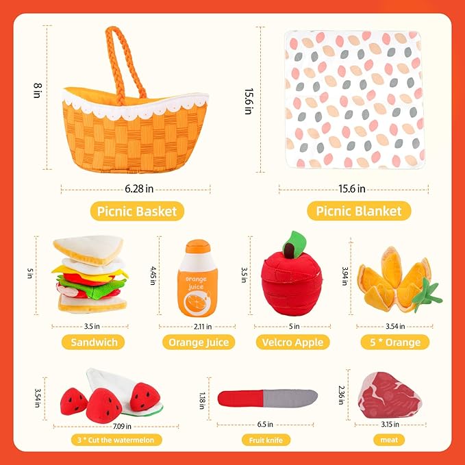Jollybaby Soft Picnic Basket Cutting Play Food Toys for Baby 6-12-36 Months, Montessori Sensory Felt Fake Food Toy for Toddler 1-3, Birthday Gifts for 1 Year Old Boys and Girls