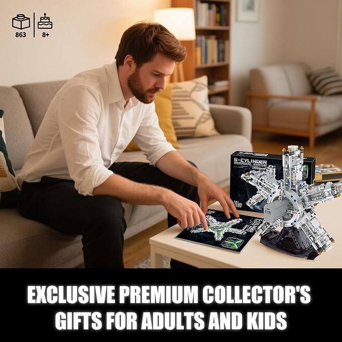 5-Cylinder Radial Engine Building Set, Build Your Own Mini Military Plane Engine Model Kit That Runs, Compatible with Lego WW2, STEM Toy Gifts for Adults & Kids Boys 8-14 (863 PCS)