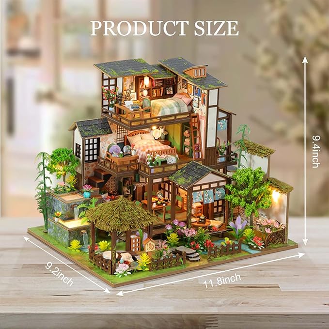 Miniature House Kit, Tiny House Kit with Light, DIY Mini House Building Kits for Adults to Building, Unique Gift for Birthday Christmas, Bamboo Spring Courtyard