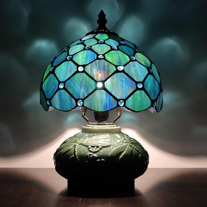Small Tiffany Lamp Mushroom Table Lamp, Mini Stained Glass Desk Light Memory Sympathy Ceramic lamp 8X11 Inch (Sea Blue Pearl Style)