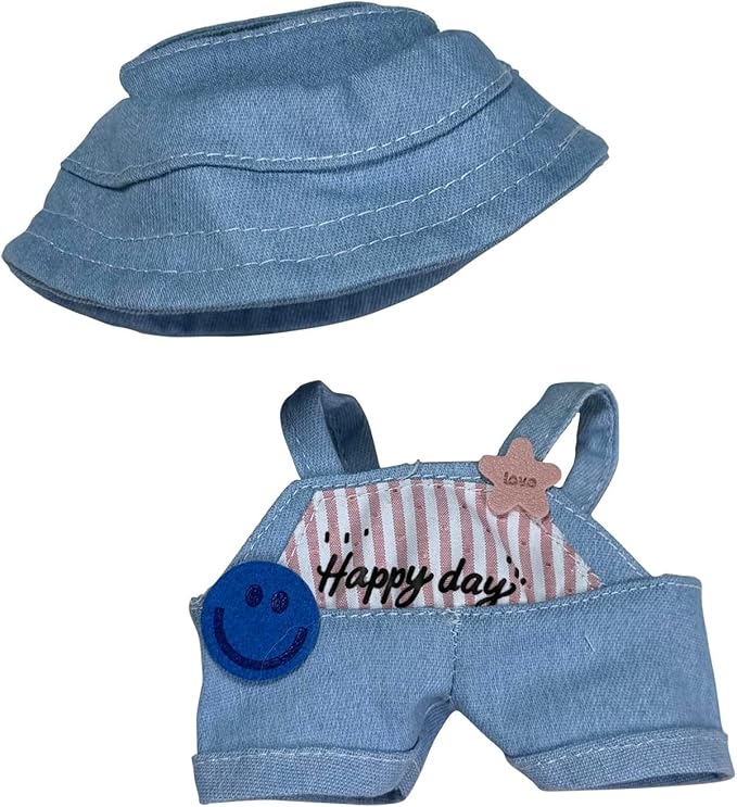 17cm Doll Clothes Set(No Doll), Hat & Overalls Set for 17cm Labubu Suit, Cute Cloth for Dress up Unique Style Dolls Outfit Stylish Clothes for Labubu (Denim)