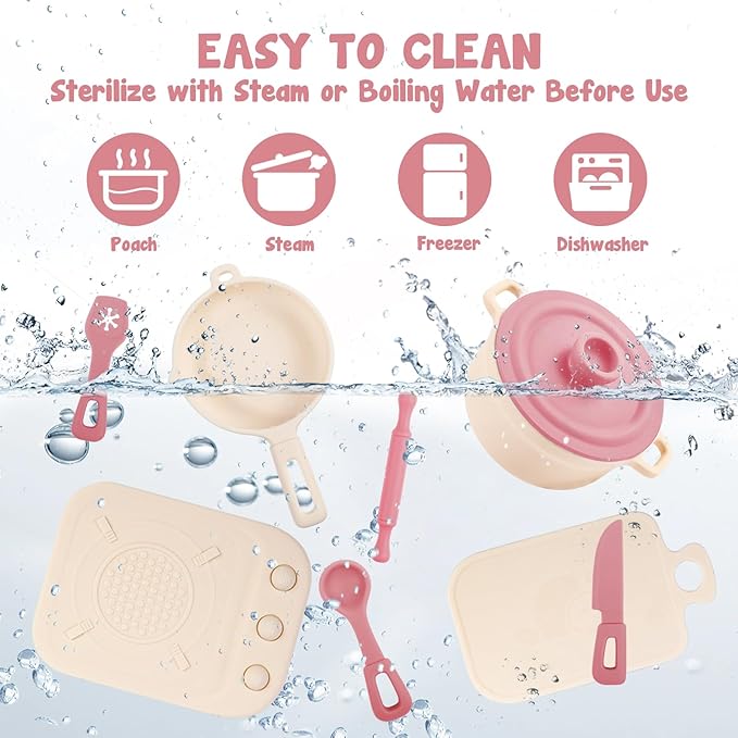 TYRY.HU Play Kitchen Accessories, 11Pcs BPA Free Silicone Pretend Play Food Sets, Play Kitchen Set,Play Kitchen Cooking Utensils Pots & Pans, Pretend Role Play Cooking Toys Gifts for Toddlers 1-3,Pink