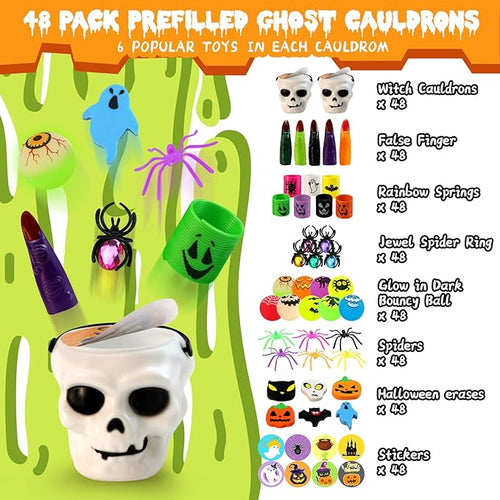 384PCS Prefilled Party Favor Bulk for Kids, 48PACK Prefilled Ghost Cauldrons With 6 Halloween Toys Inside, Goodie Bag Fillers, Prizes Gifts Miniatures for Kids, Trick or Treat