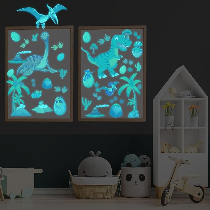 Glow in The Dark Dinosaur Wall Decals, Glowing Dinosaur Wall Stickers Colorful Large Removable self-Adhesive Decal for Ceiling Boys Bedroom Kids Baby Nursery Living Room Decoration