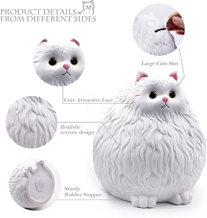 Winsterch Cat Piggy Bank,Coin Piggy Bank Money Saving Box Gifts for Kids Girls Boys,Ceramic Piggy Coin Bank,Practical Gifts for Birthday Christmas,White Piggy Bank,7.49 x 5.9 inches